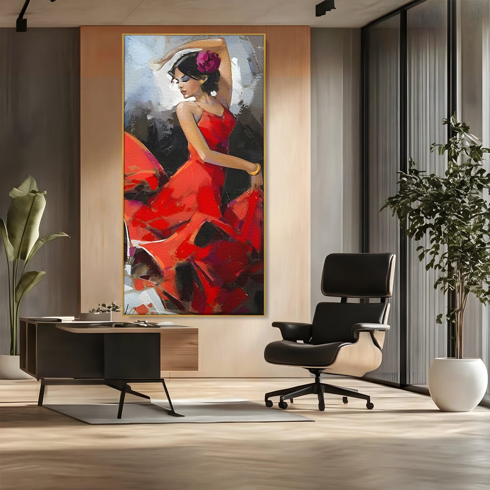 Tablou canvas cu tablou canvas cu dansatoare in rochie rosie, in rama de aluminiu auriu, pe perete intr-un birou